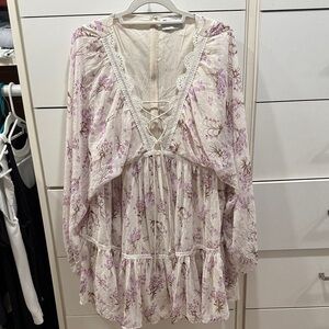 ASOS Floral Lace-Up Mini Dress in Purple and Cream